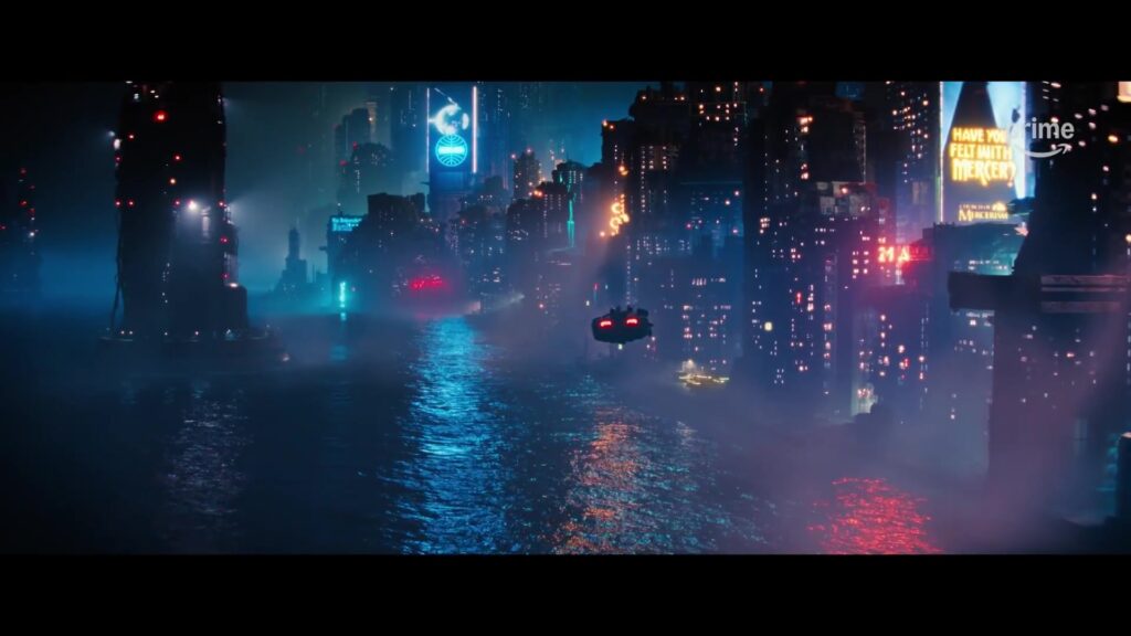Een overstroomde neonstad met vliegende auto's in de trailer van Blade Runner 2099