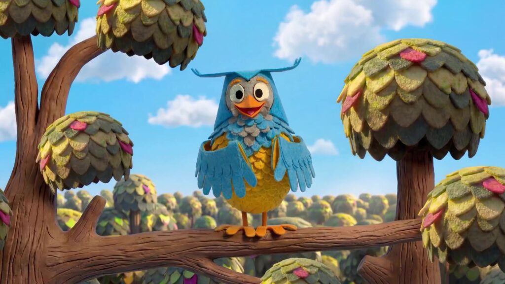 Meneer de Uil op zijn tak in de nieuwe animatieserie van De Fabeltjeskrant