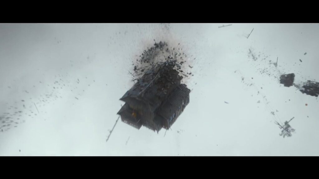 Een gebouw wordt door de lucht geslingerd in de trailer van Godzilla Minus Zero
