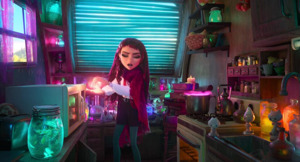 Billie gebruikt haar magische krachten in een keuken in de Disney-animatiefilm Hexed