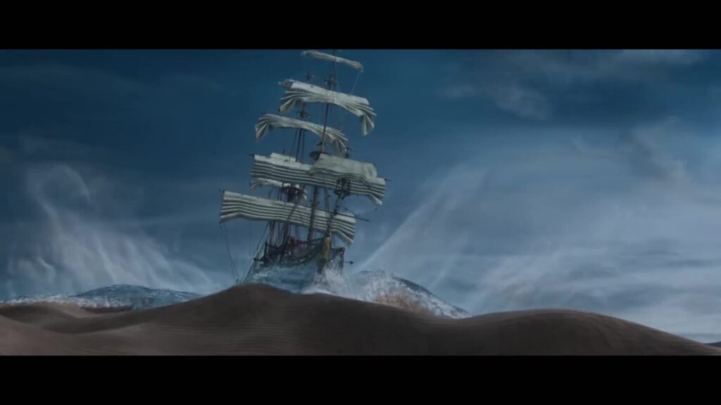 Het schip de Eenhoorn vaart over de duinen in de film The Adventures of Tintin uit 2011