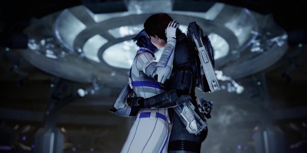 Commandant Shepard vuurt met een geweer in een ruimteschip in de trailer van Mass Effect Legendary Edition