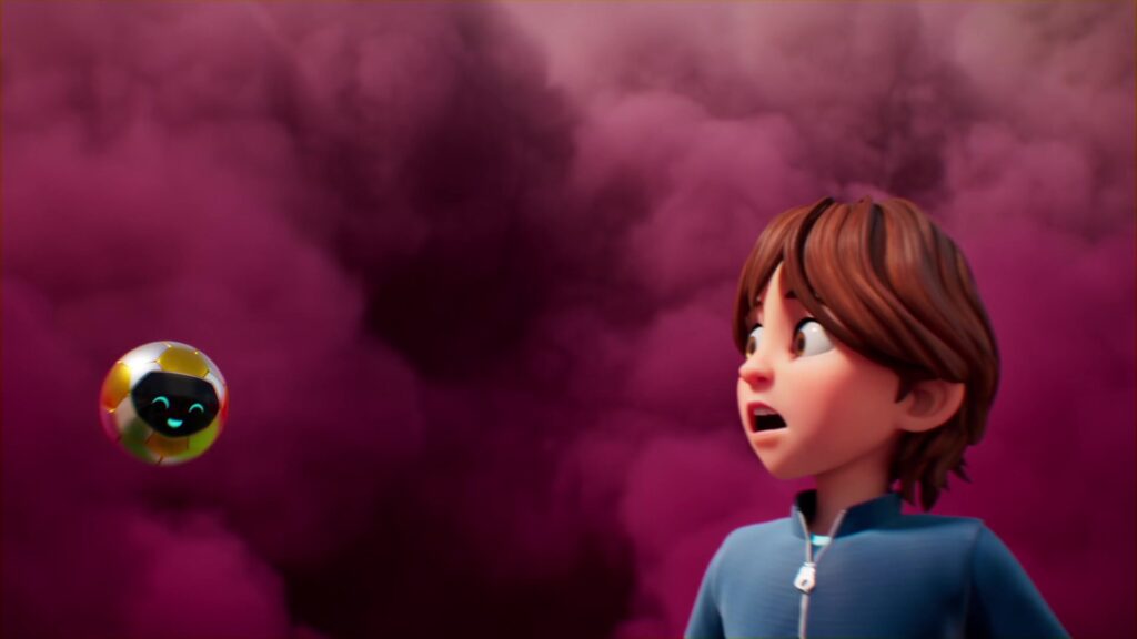 De twaalfjarige Leo kijkt verbaasd naar een gloeiende bal in de animatieserie Messi and the Giants