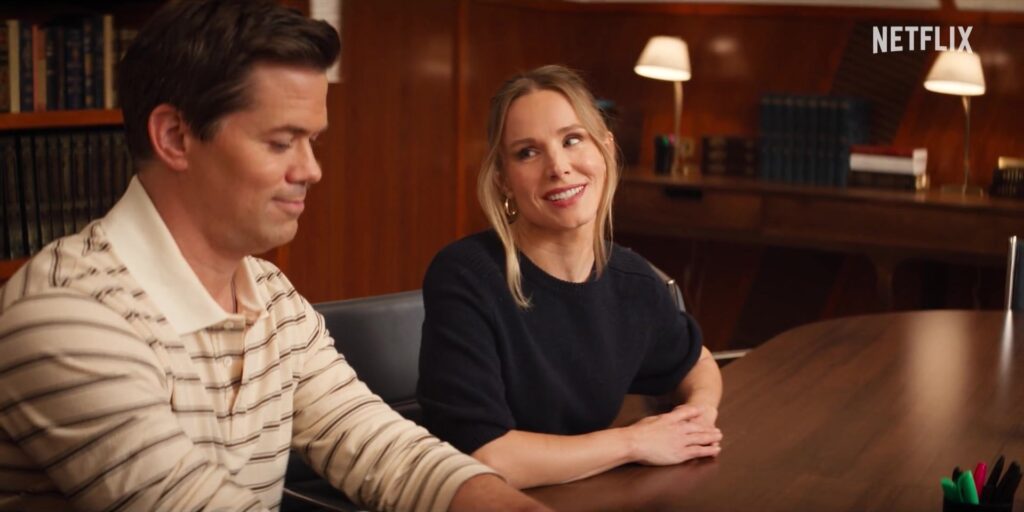 Joanne aan tafel naast medecursist Sebastian in een bibliotheek in de trailer van Nobody Wants This seizoen 3