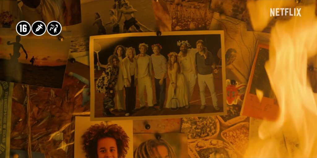 Een groepsfoto van de vrienden uit De Eetclub vat vlam op een prikbord in de trailer van Netflix