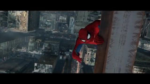 Spider-Man hangt aan de gevel van een wolkenkrabber hoog boven New York in Spider-Man: Brand New Day