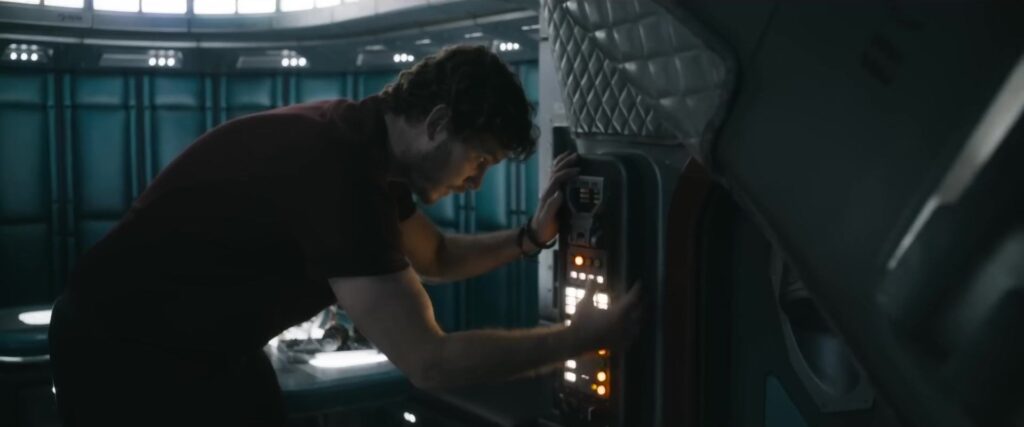 Chris Pratt als Peter Quill aan boord van een ruimteschip in Guardians of the Galaxy Vol. 3