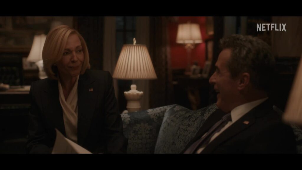 Allison Janney als president Grace Penn en Bradley Whitford als Todd Penn in de trailer van The Diplomat seizoen 4
