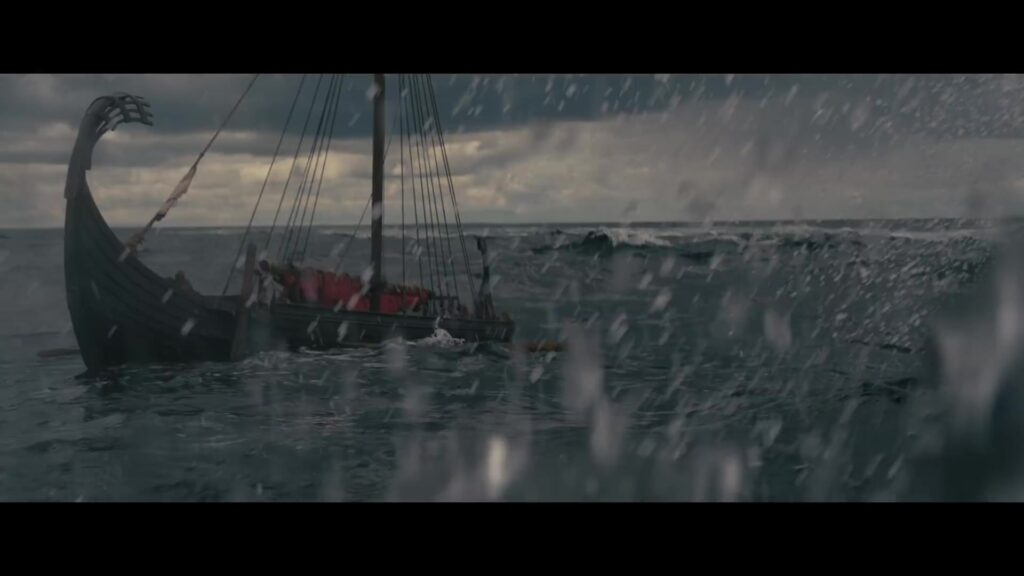 Het schip van Odysseus op een stormachtige zee in de trailer van The Odyssey